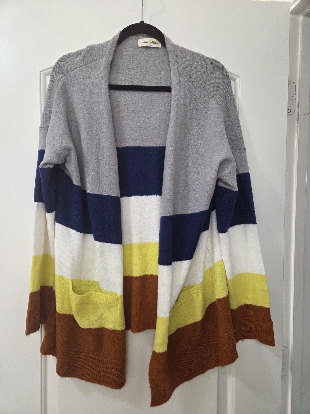 Yellow, Navy & Gray Striped Open Front Cardigan - Willow & Clay